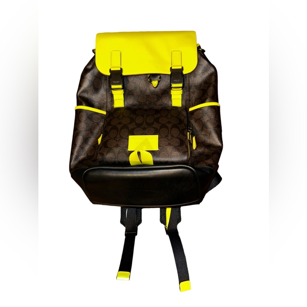 Coach Brown Signature Canvas Backpack with Yellow Trim